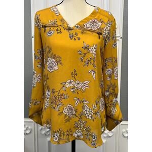 Maurices Mustard Floral Zip-Detail Blouse- Women's XS